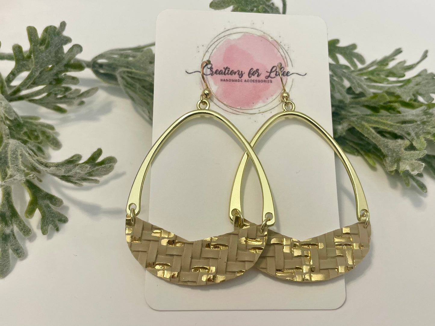 Leatherette Earrings - Beige & Gold Basket Weave