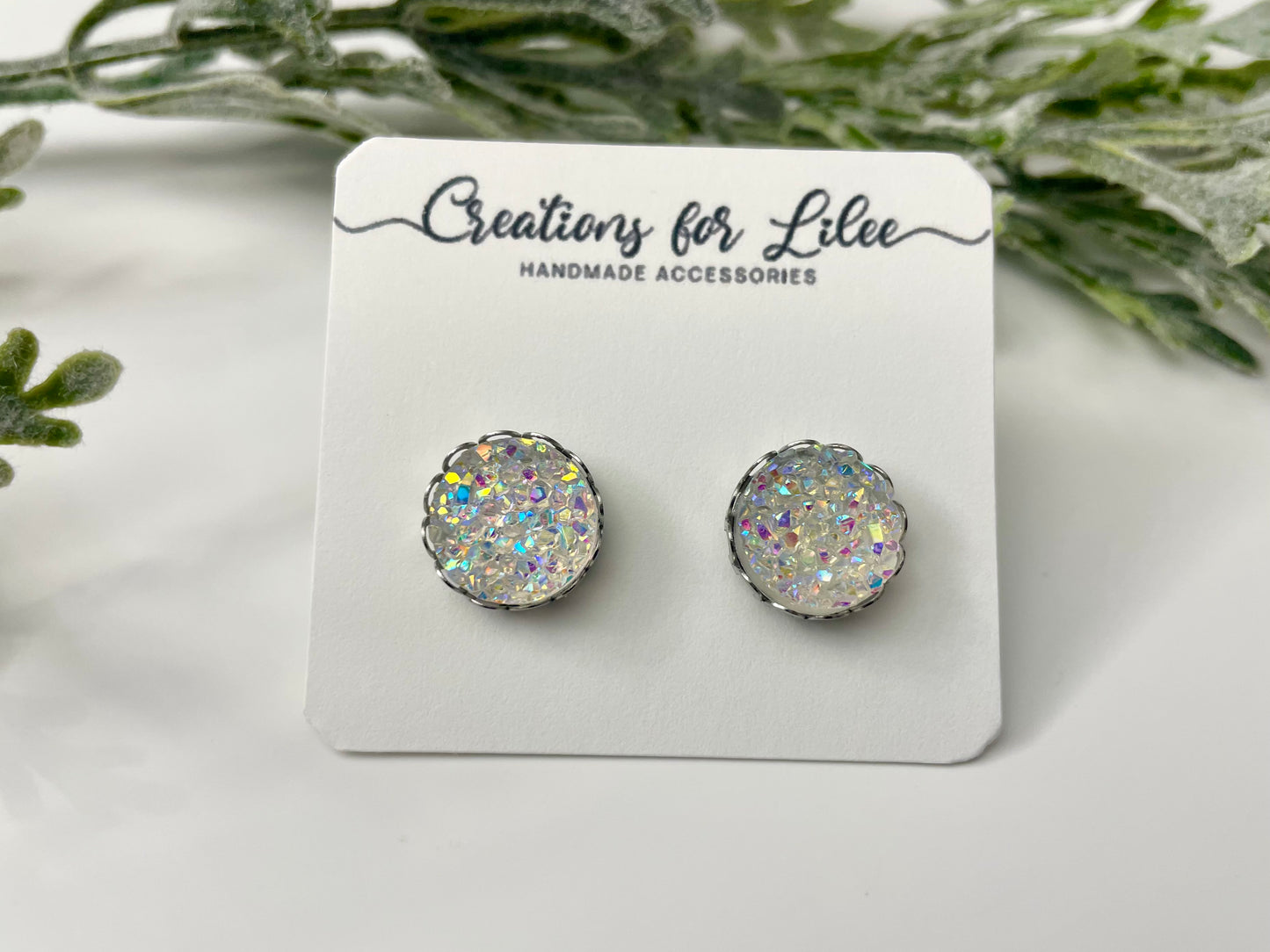 Druzy Stud Earrings w/ Edge Detailing - Iridescent & Black