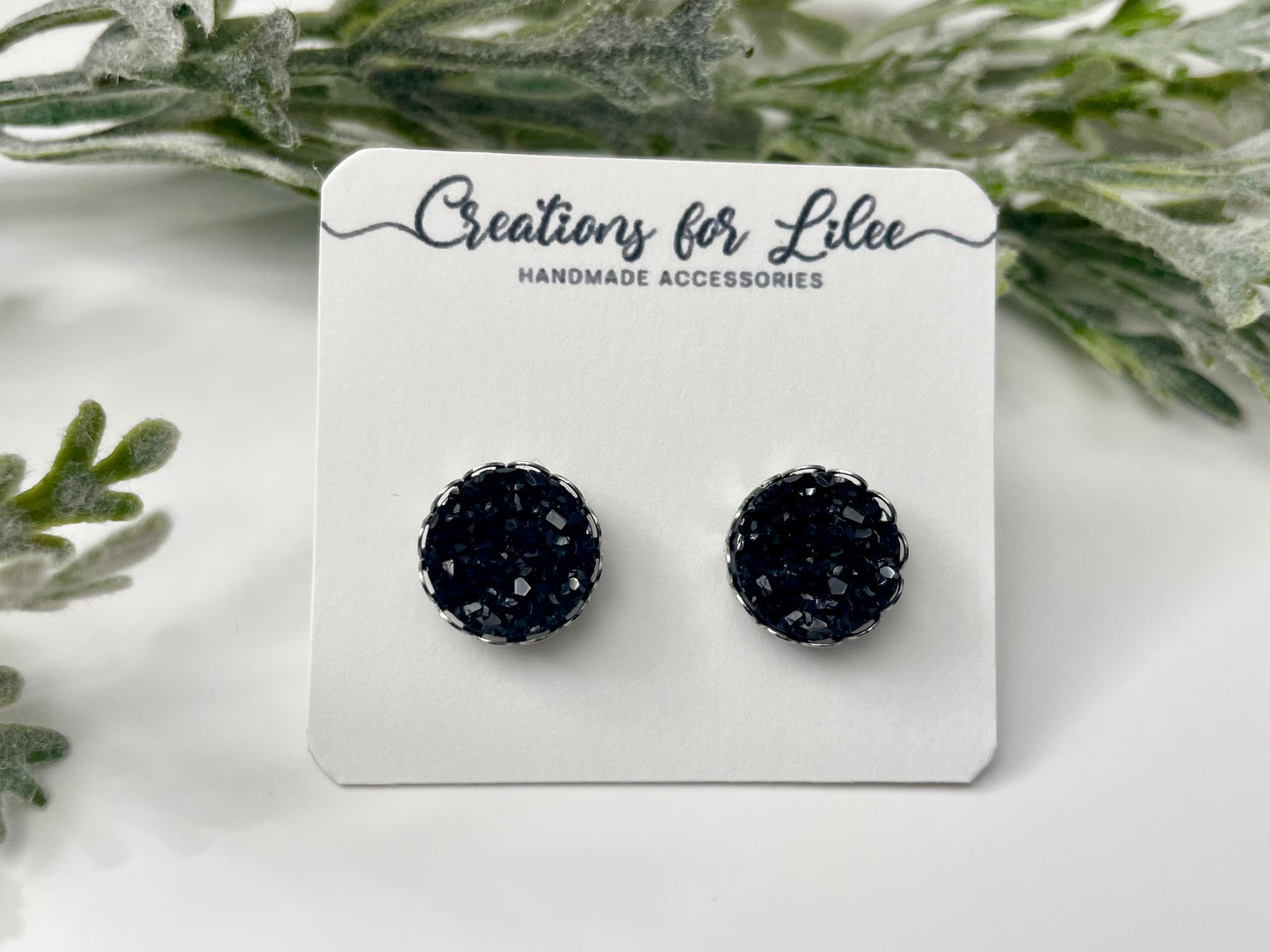 Druzy Stud Earrings w/ Edge Detailing - Iridescent & Black