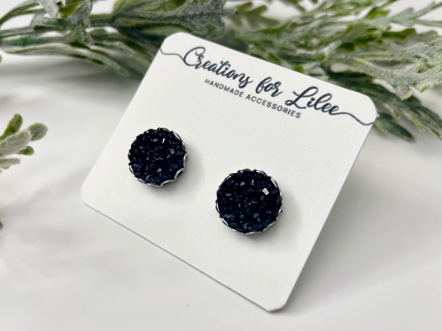 Druzy Stud Earrings w/ Edge Detailing - Iridescent & Black