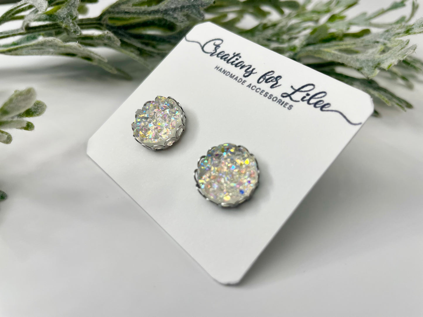 Druzy Stud Earrings w/ Edge Detailing - Iridescent & Black