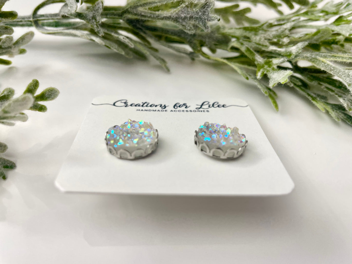 Druzy Stud Earrings w/ Edge Detailing - Iridescent & Black