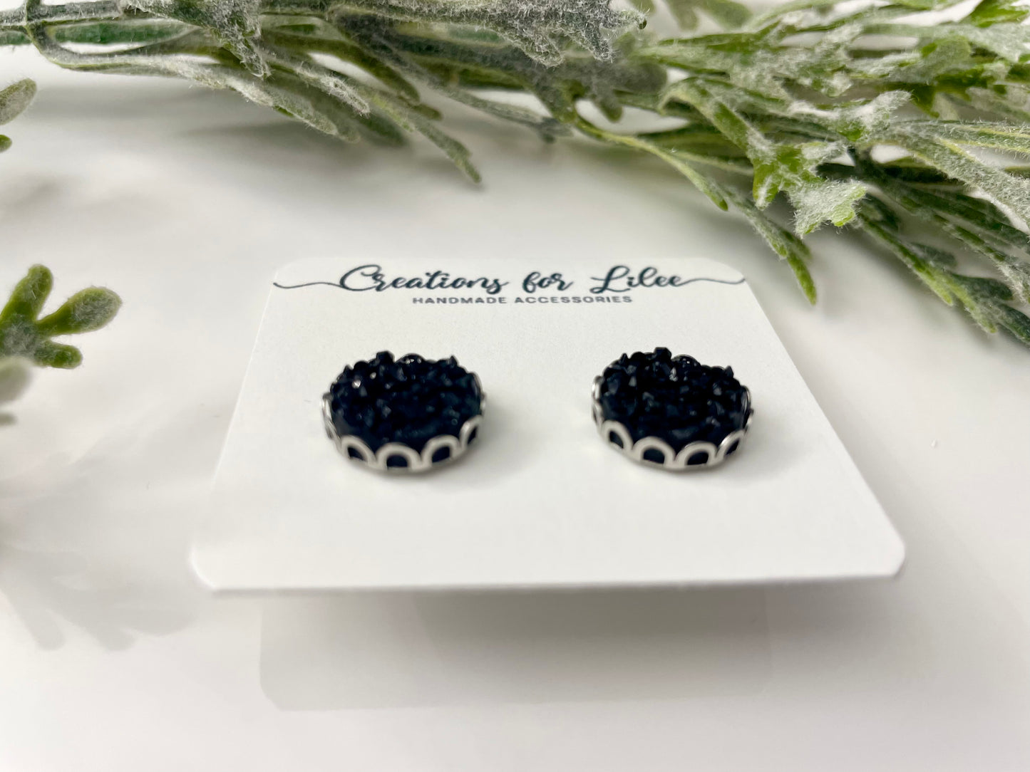 Druzy Stud Earrings w/ Edge Detailing - Iridescent & Black