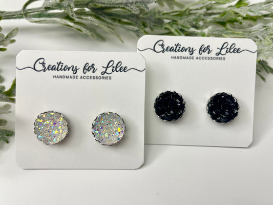 Druzy Stud Earrings w/ Edge Detailing - Iridescent & Black