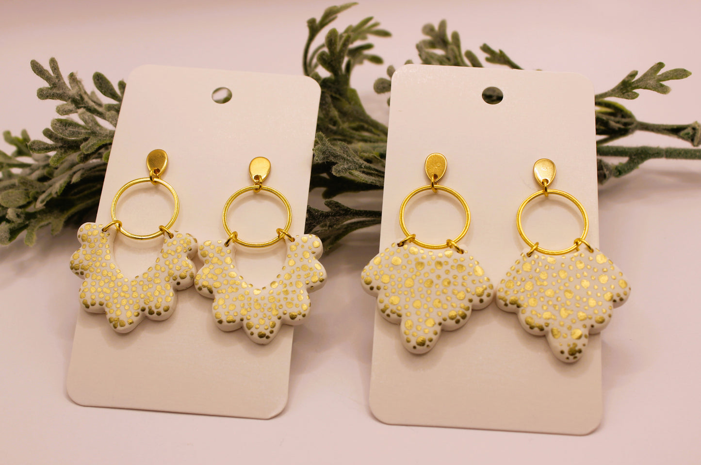 Clay Earrings - White & Gold Scalloped Earrings