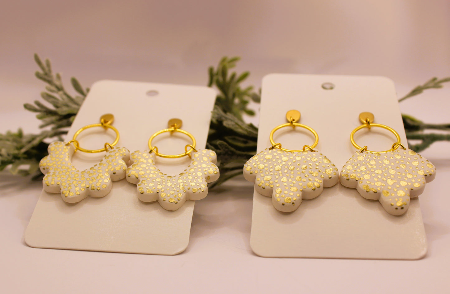 Clay Earrings - White & Gold Scalloped Earrings