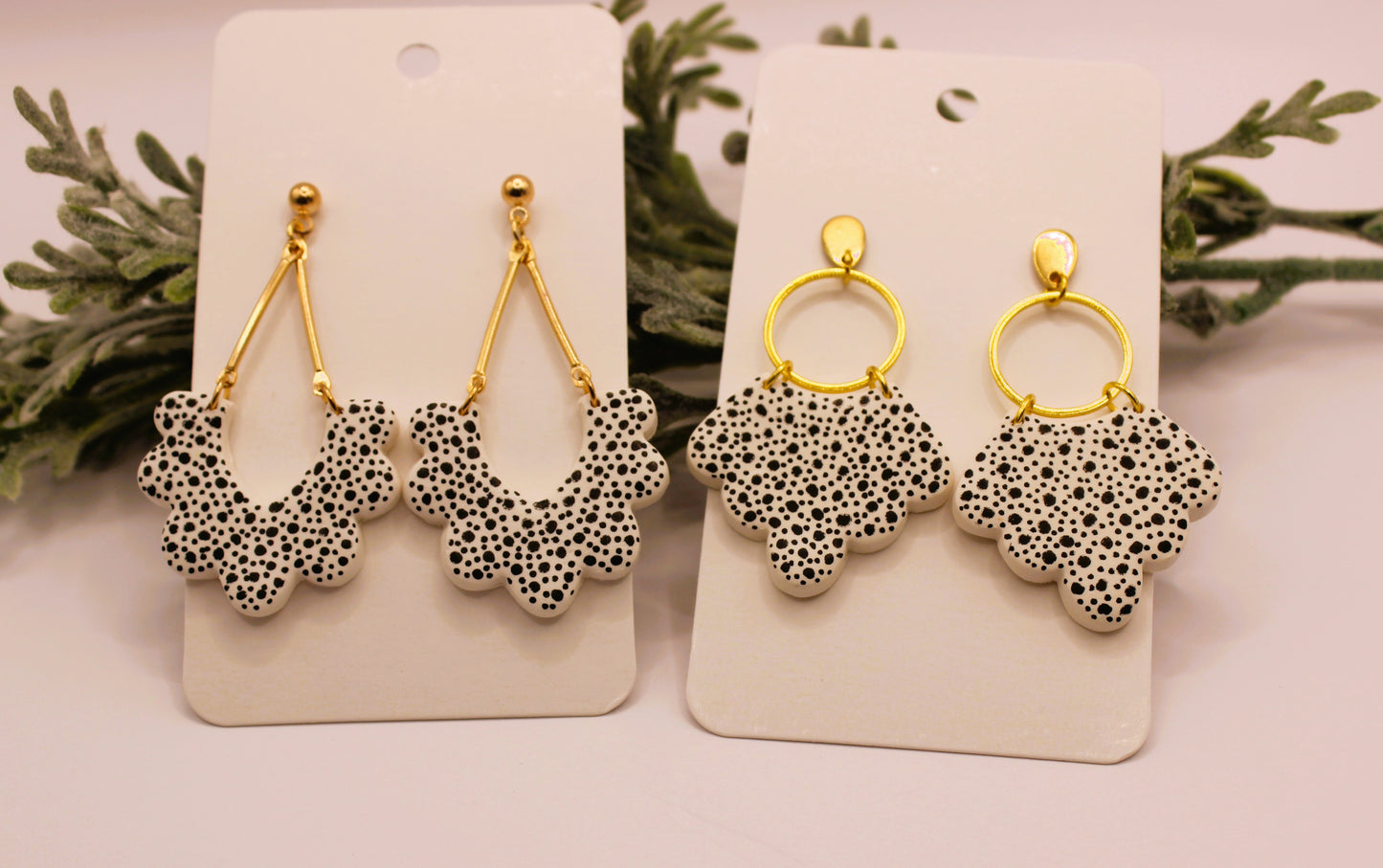 Clay Earrings - White & Black Scalloped Earrings