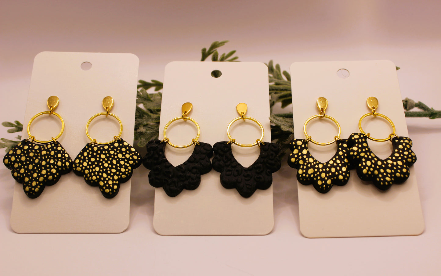 Clay Earrings - Black & Gold Scalloped Earrings