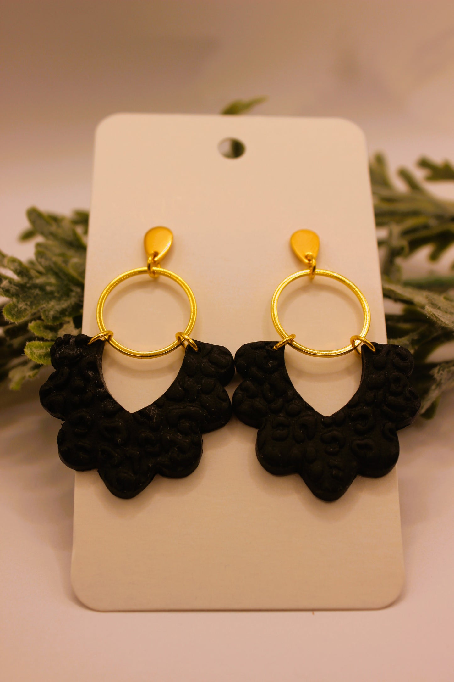 Clay Earrings - Black Leopard Textured Scalloped Arch Earrings