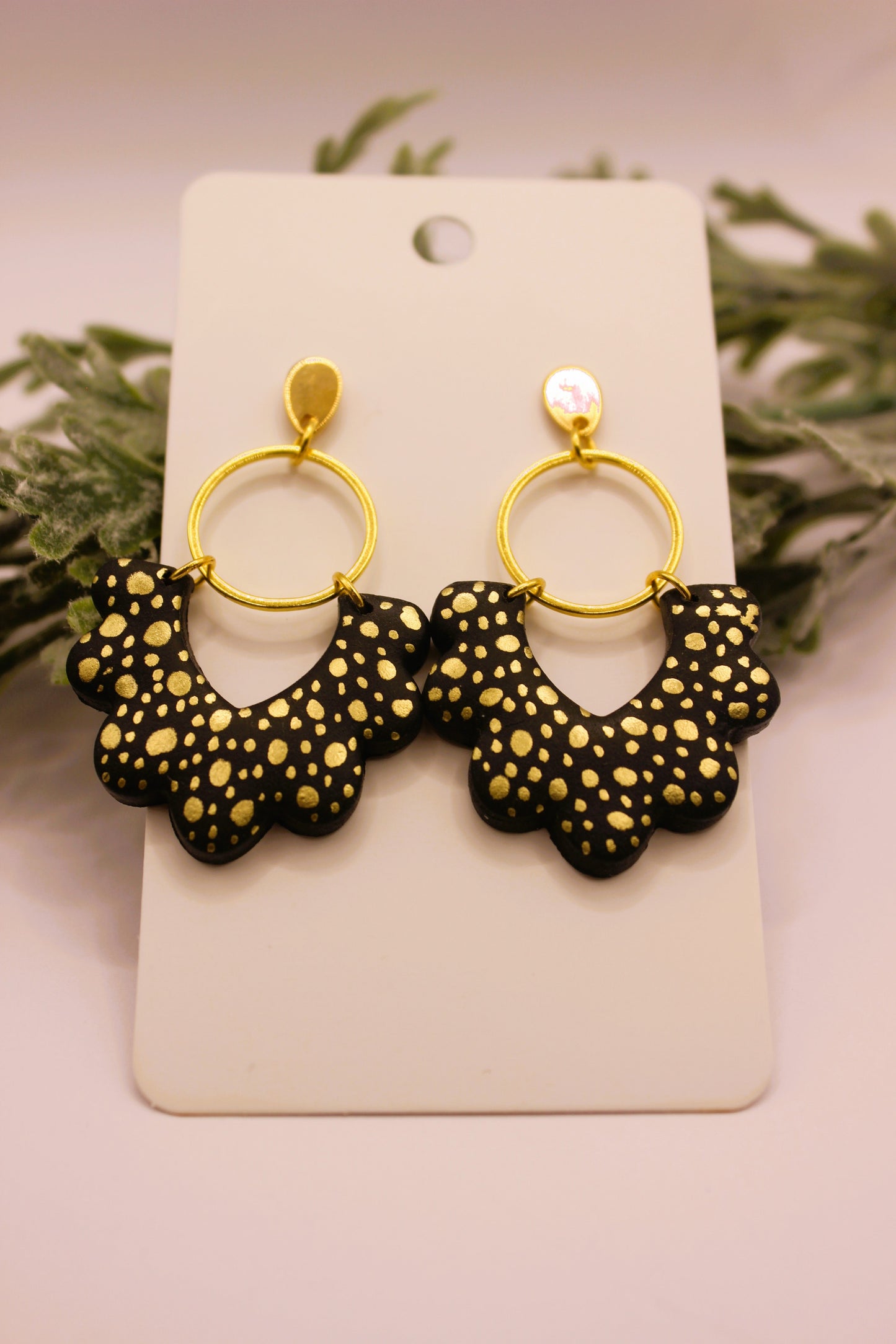 Clay Earrings - Black & Gold Scalloped Arch Earrings