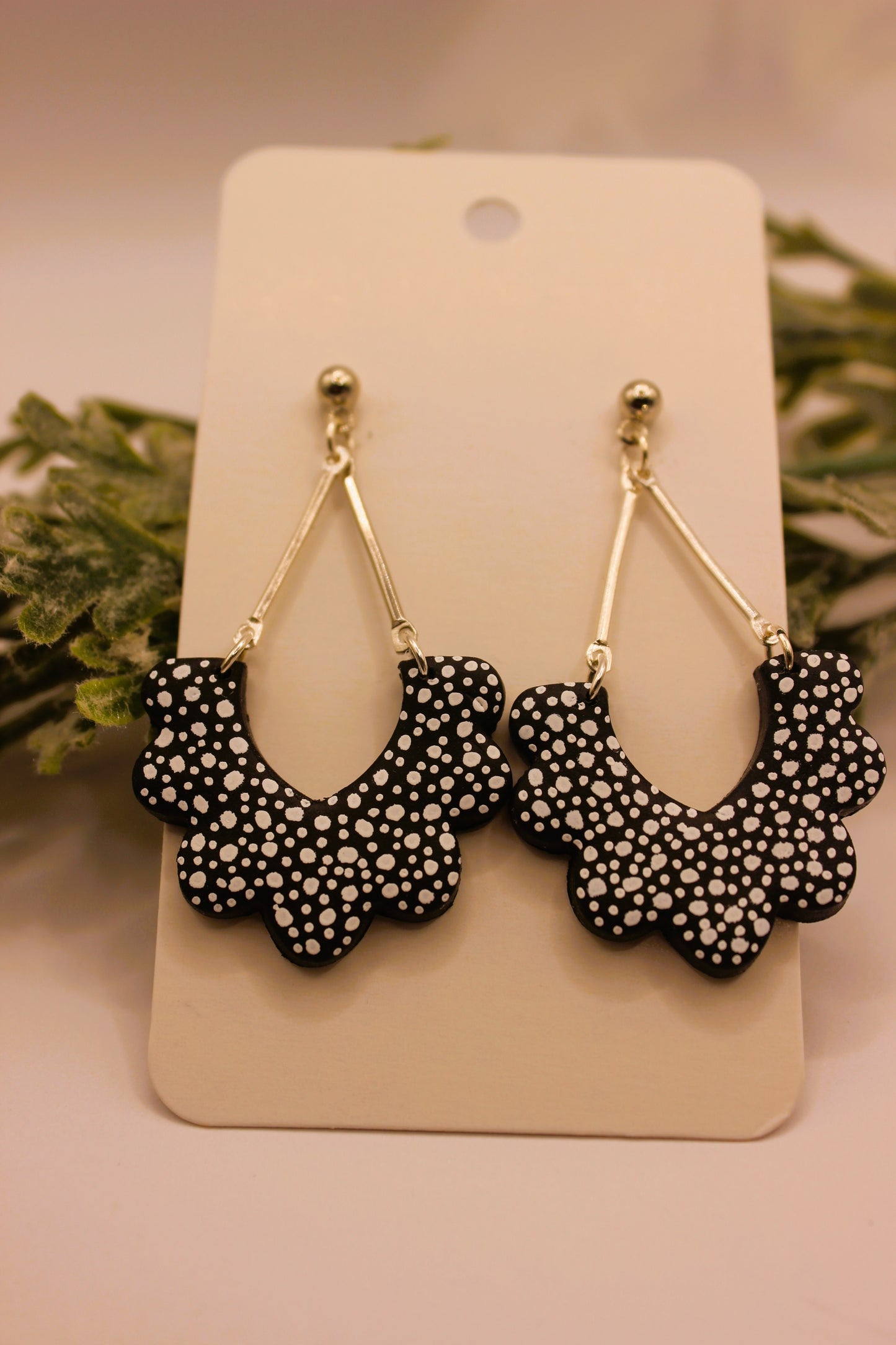 Clay Earrings - Black & White Scalloped Arch Earrings