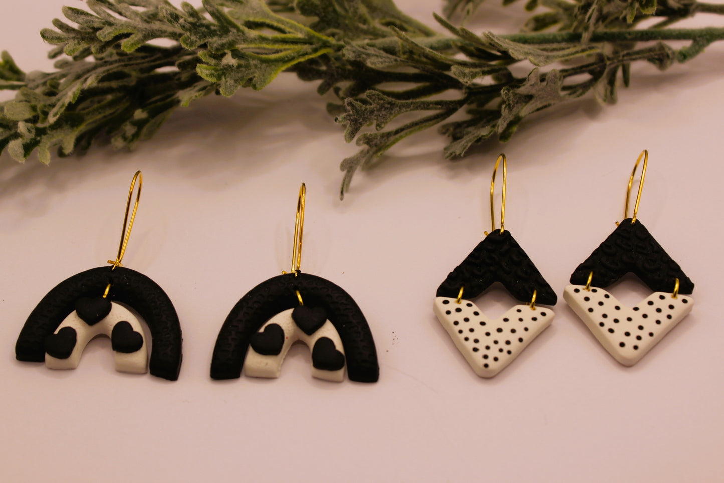 Clay Earrings - Black & White Rainbows Earrings w/ Hearts