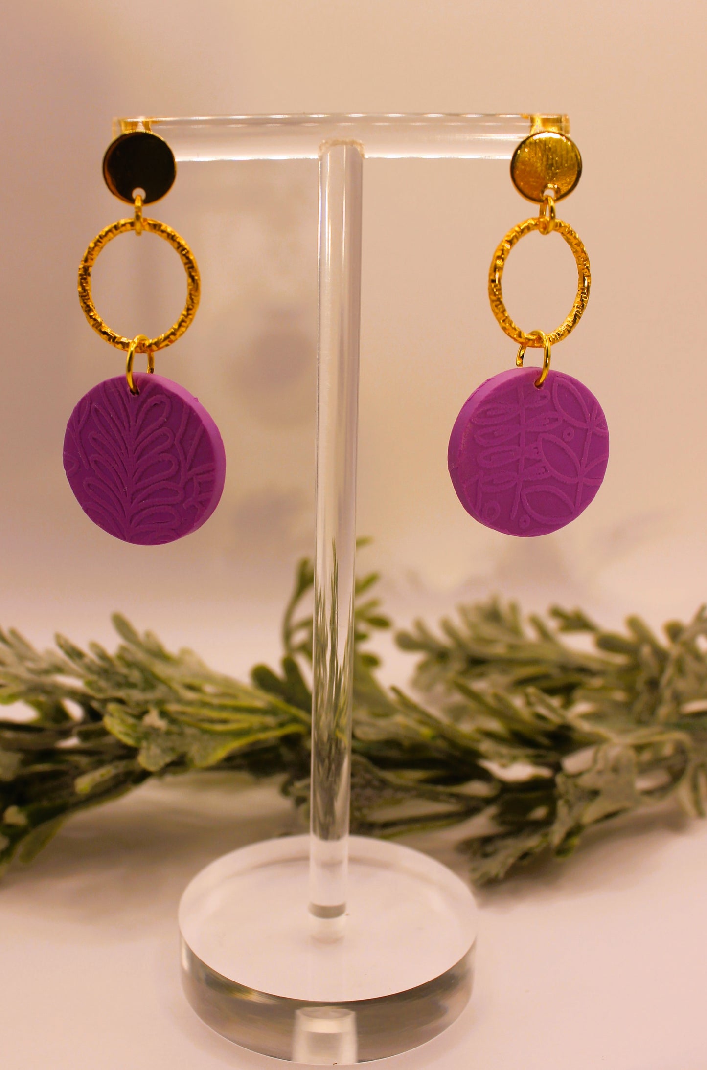 Clay Earrings - Light Purple Earrings w/ Floral Texture