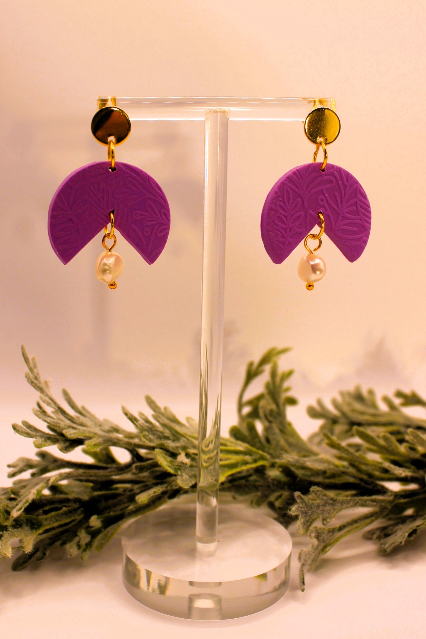 Clay Earrings - Light Purple Earrings w/ Floral Texture & Pearls