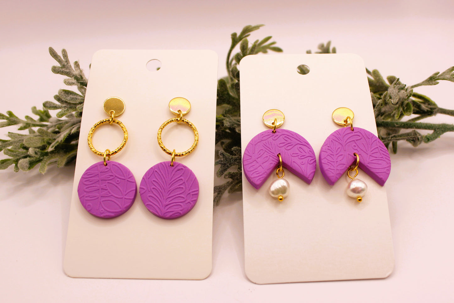 Clay Earrings - Light Purple Earrings w/ Floral Texture