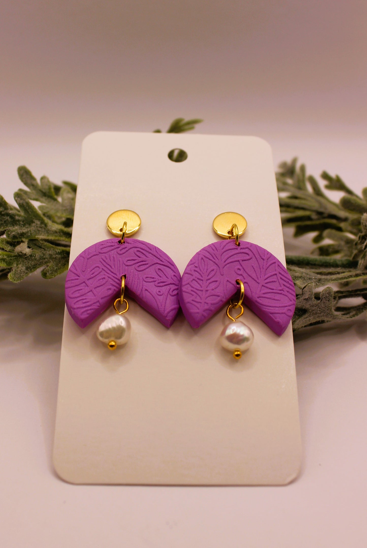 Clay Earrings - Light Purple Earrings w/ Floral Texture & Pearls