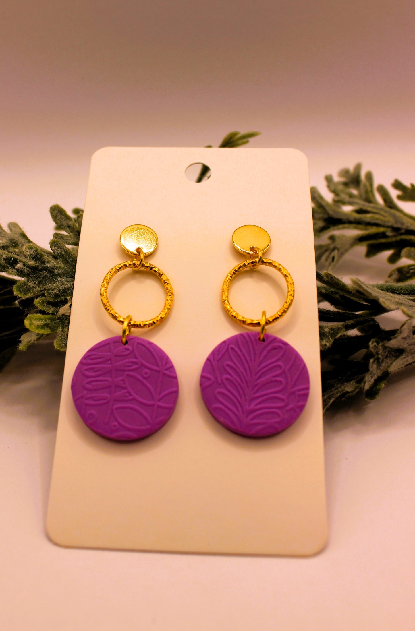 Clay Earrings - Light Purple Earrings w/ Floral Texture