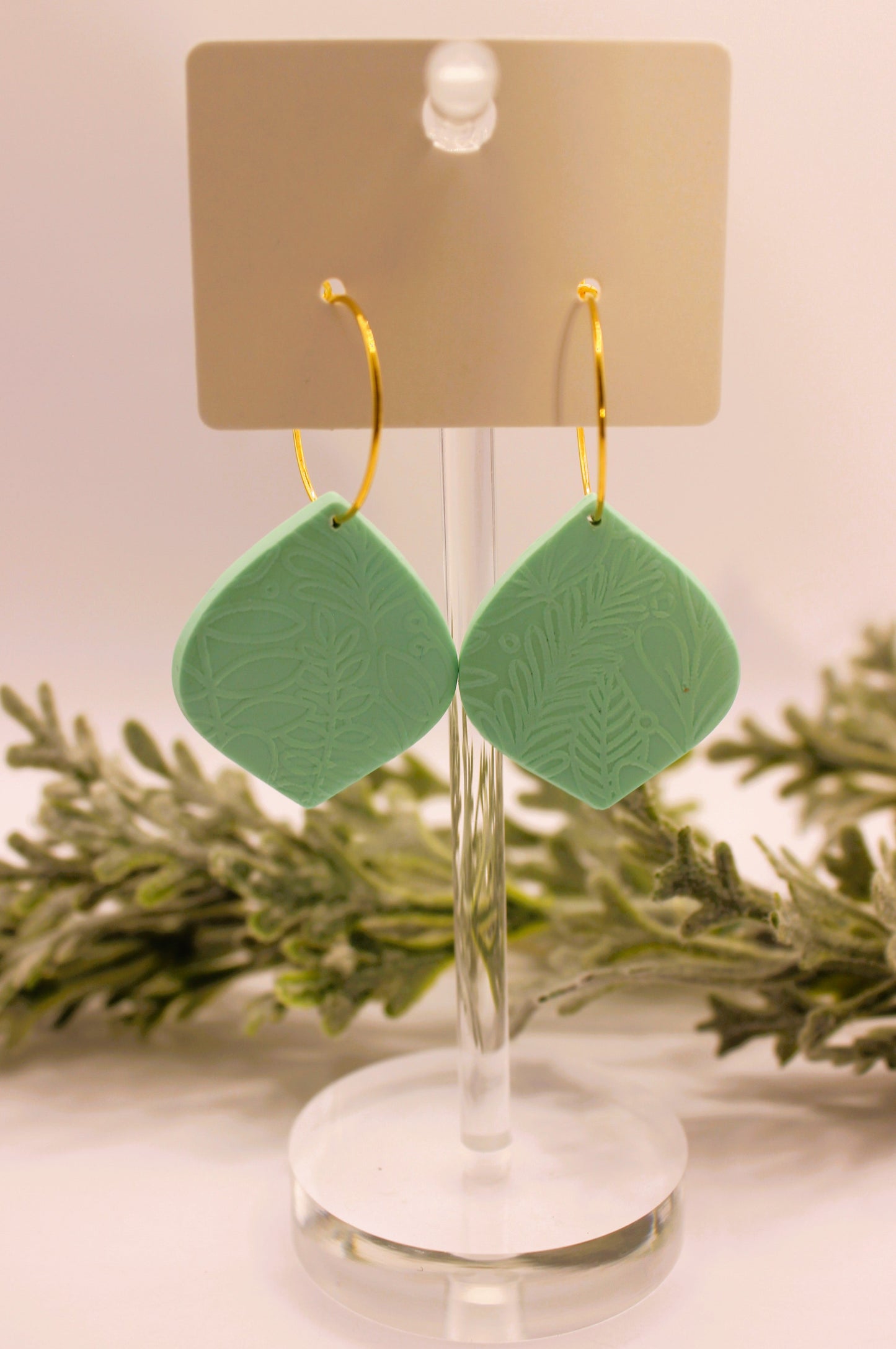 Clay Earrings - Light Teal Textured Petal Hoops