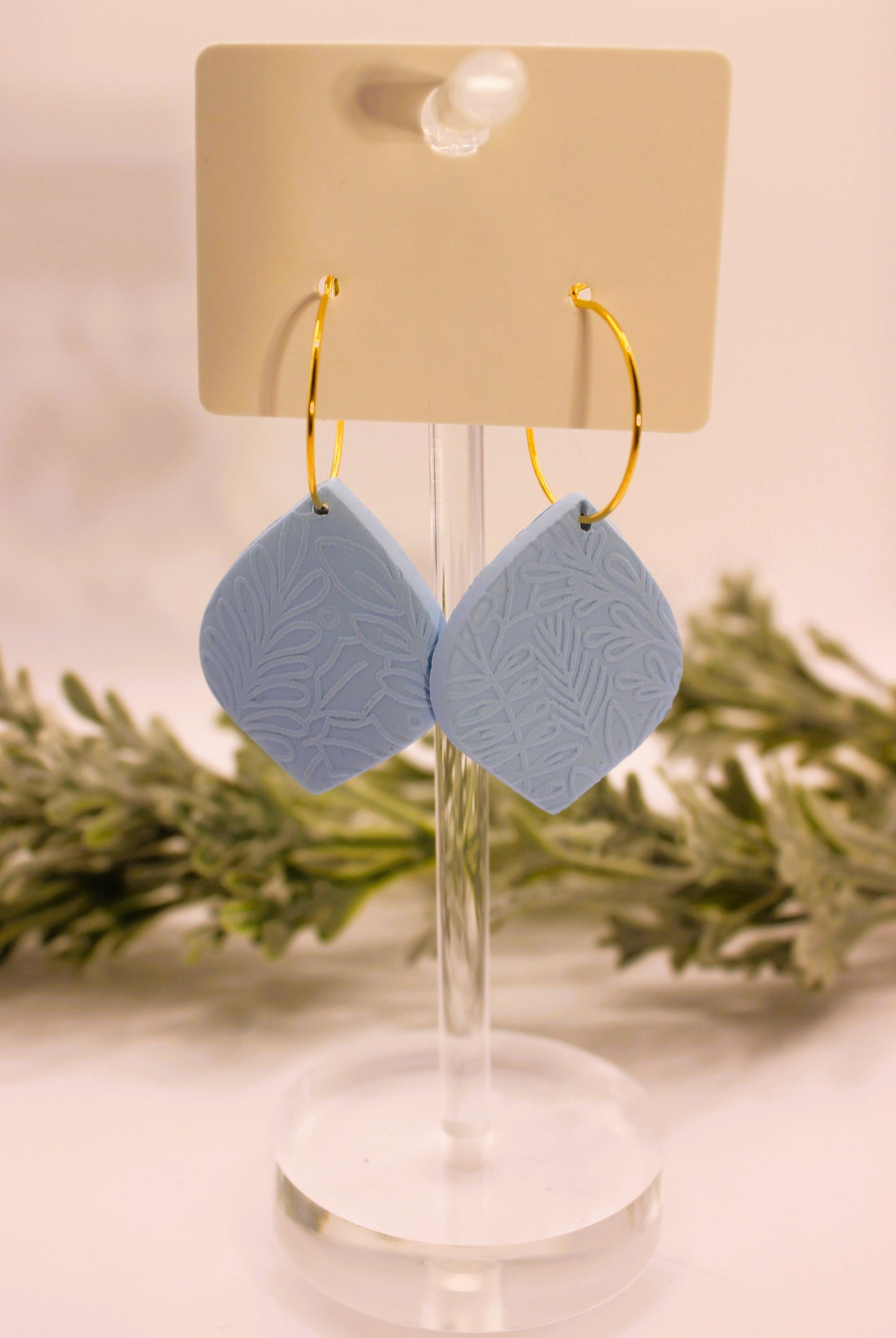 Clay Earrings - Light Blue Textured Petal Hoops