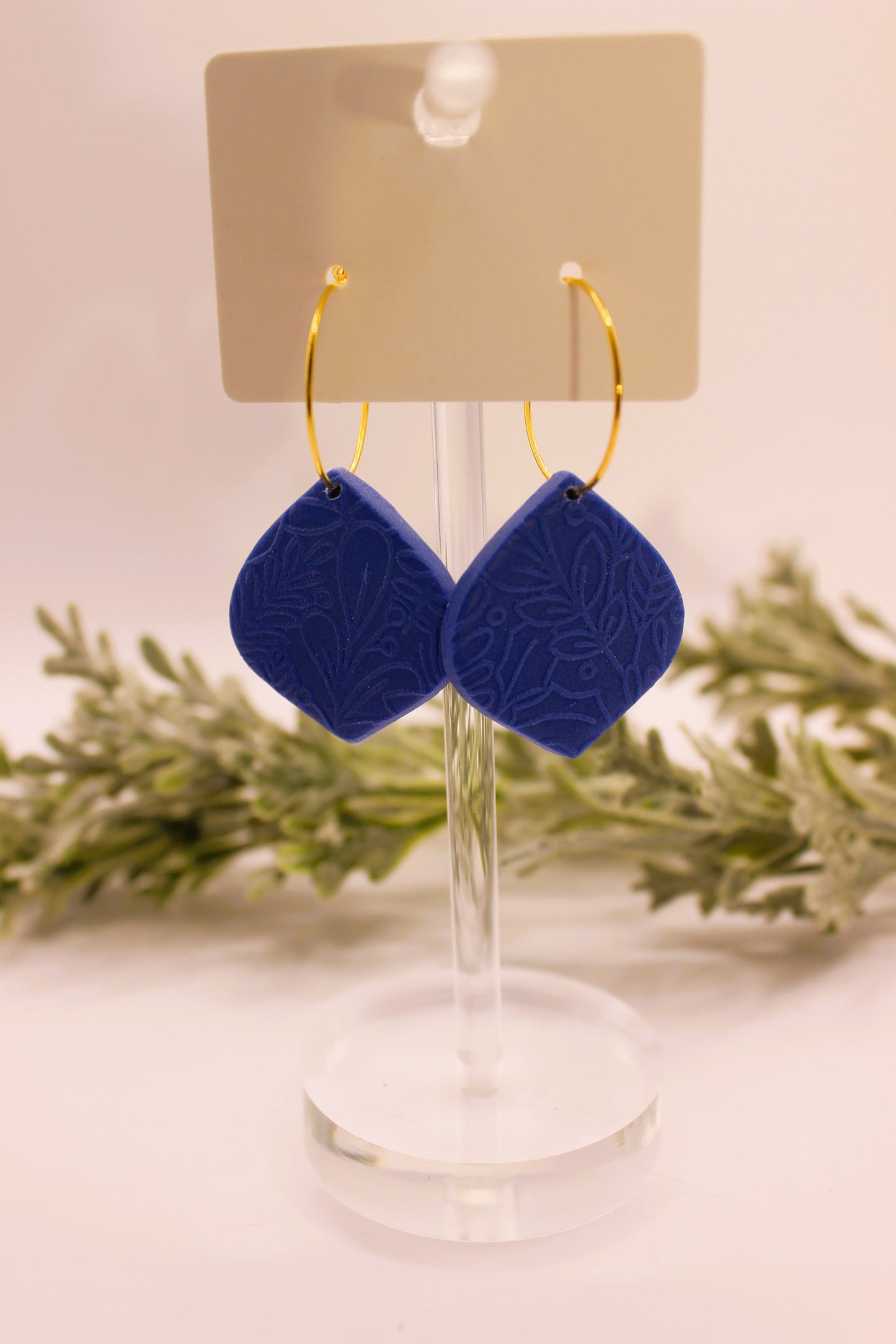 Clay Earrings - Blue Textured Petal Hoops