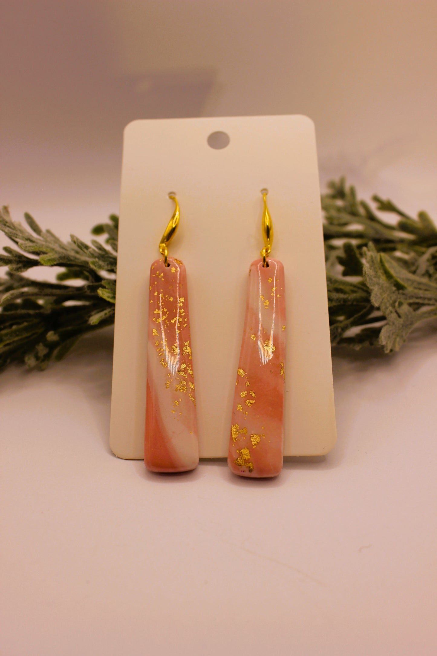 Clay Earrings - Pink & Gold Leaf Earrings