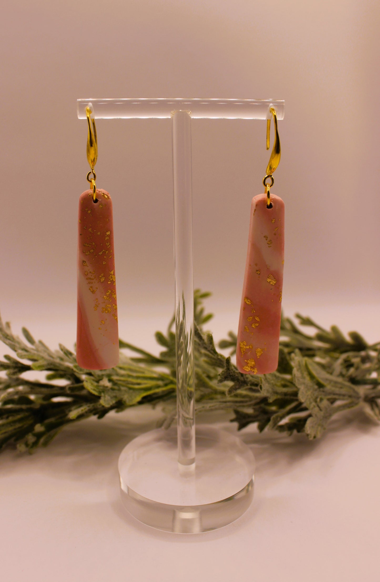 Clay Earrings - Pink & Gold Leaf Earrings