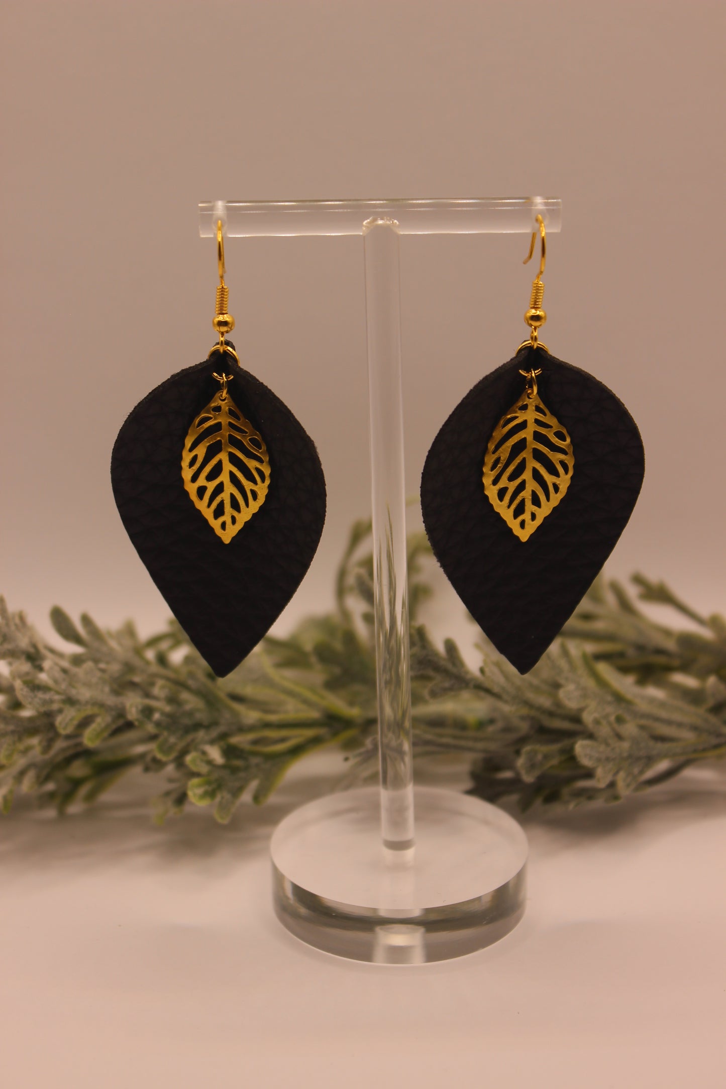 Leatherette Earrings - Black with Cutout Leaves