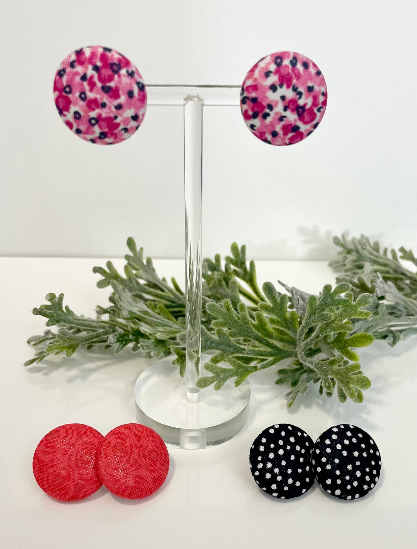 Button Earrings - Black & White Polka Dots