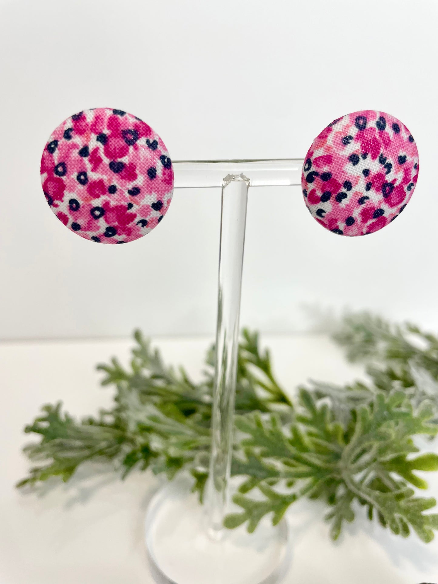 Button Earrings - Pink, Black & White Pattern