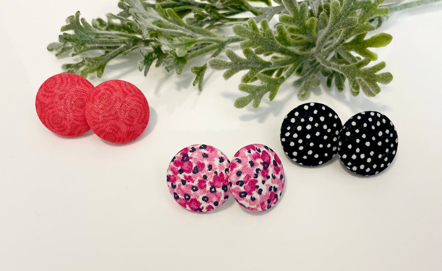 Button Earrings - Black & White Polka Dots