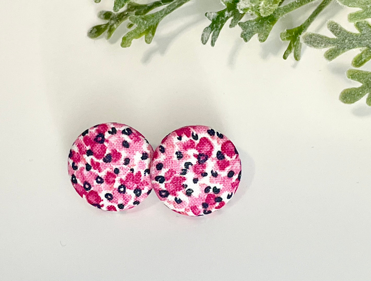 Button Earrings - Pink, Black & White Pattern