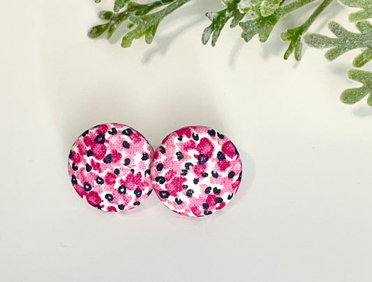 Button Earrings - Pink, Black & White Pattern