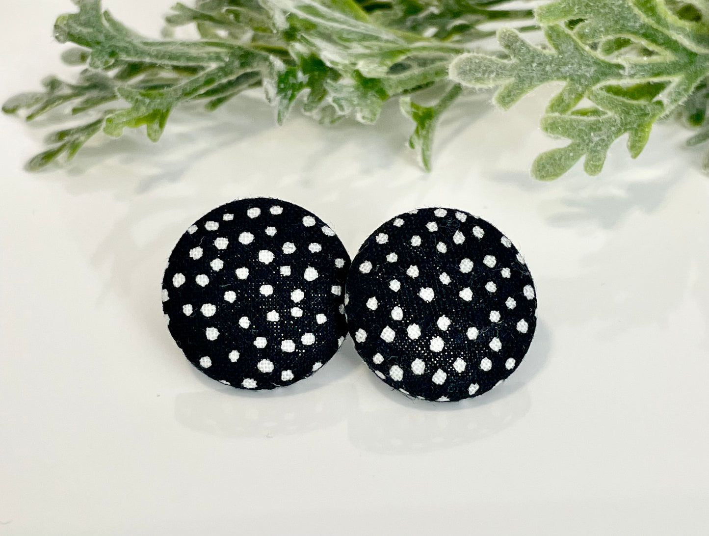 Button Earrings - Black & White Polka Dots