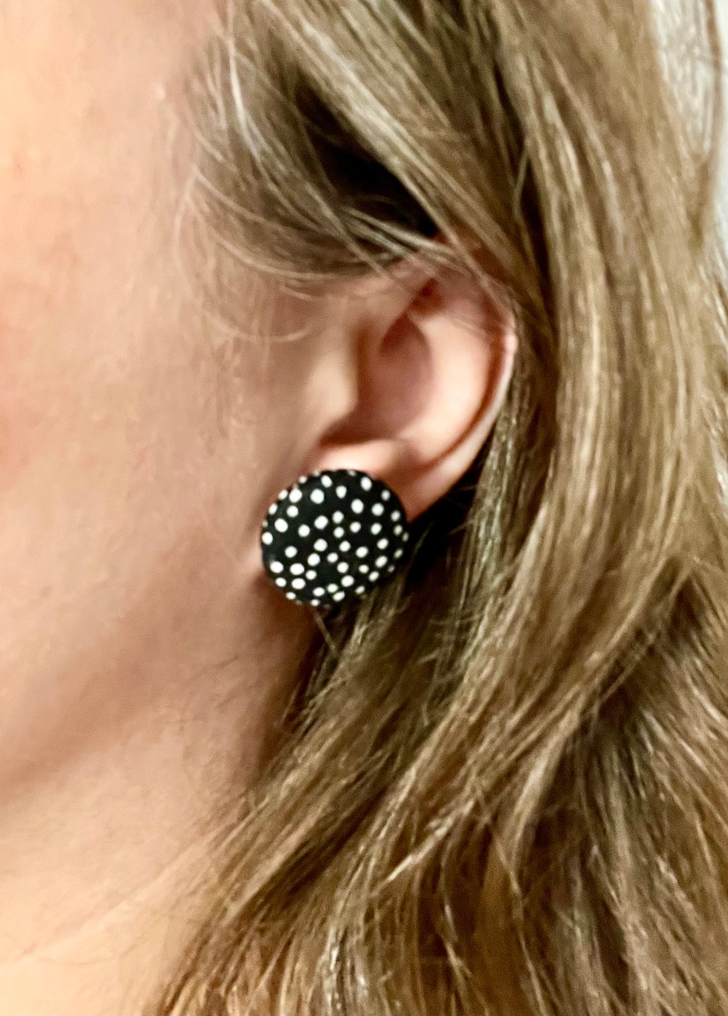 Button Earrings - Pink, Black & White Pattern