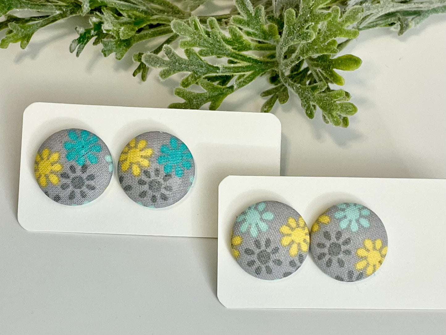 Button Earrings - Grey, Yellow & Teal Flowers