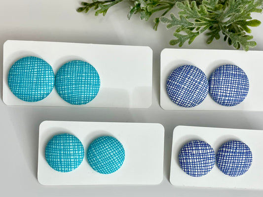 Button Earrings - Teal or Blue Cross Hatch