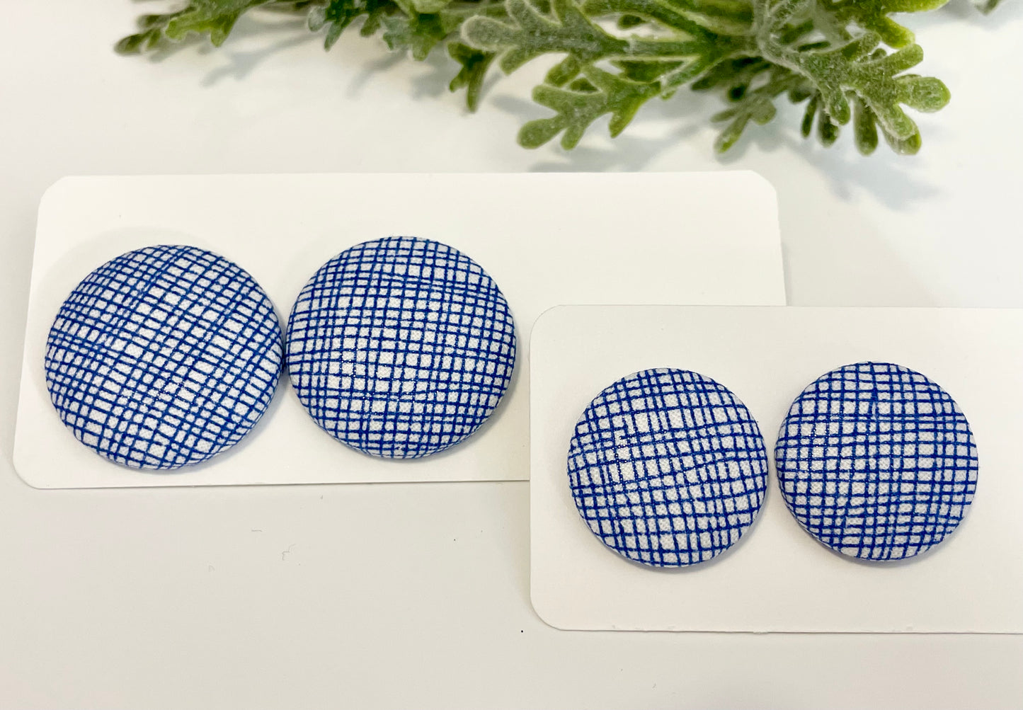 Button Earrings - Teal or Blue Cross Hatch