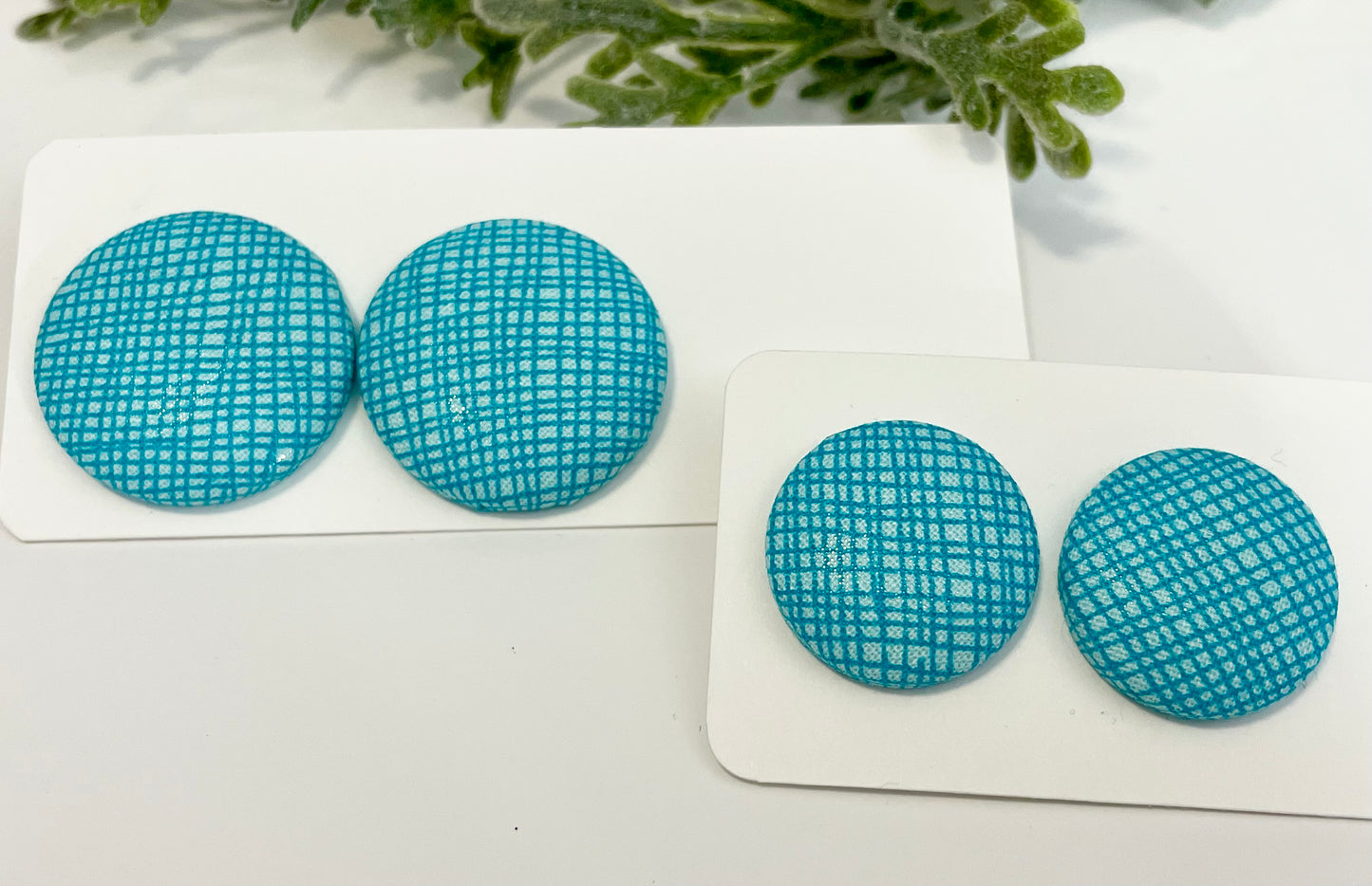 Button Earrings - Teal or Blue Cross Hatch