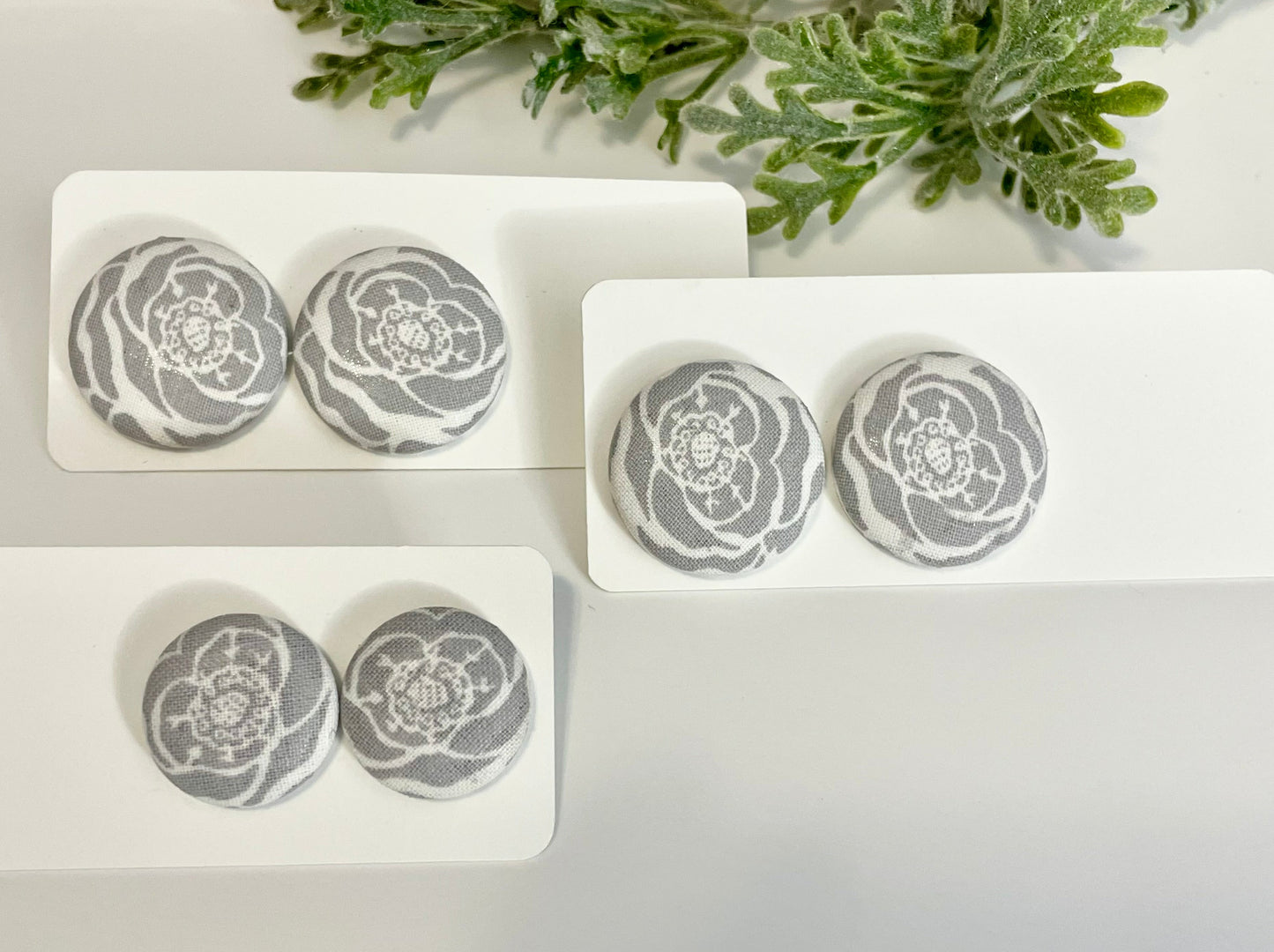 Button Earrings - Grey Roses