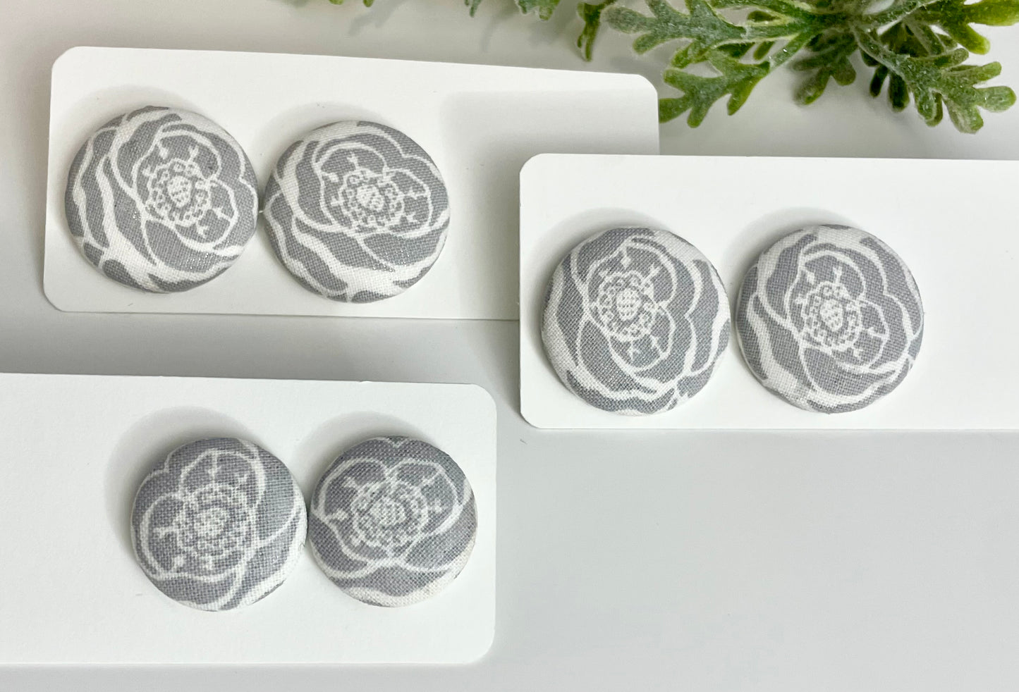 Button Earrings - Grey Roses