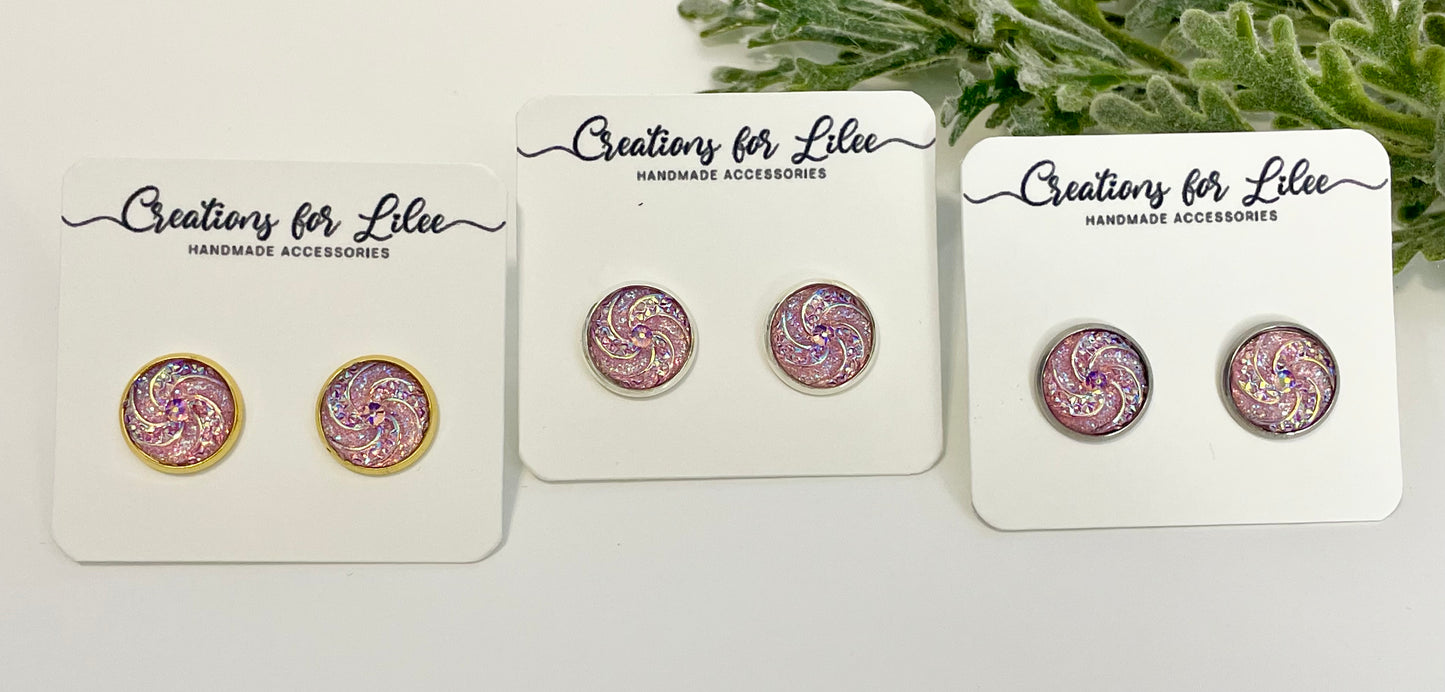 Sparkly Pink Swirl Cabochon Stud Earrings