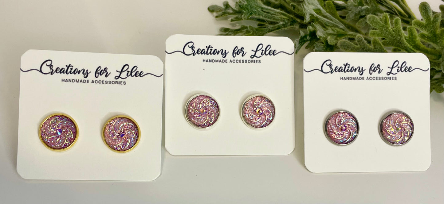 Sparkly Pink Swirl Cabochon Stud Earrings