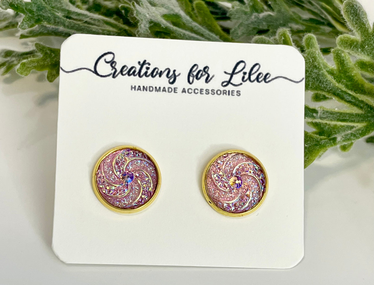 Sparkly Pink Swirl Cabochon Stud Earrings