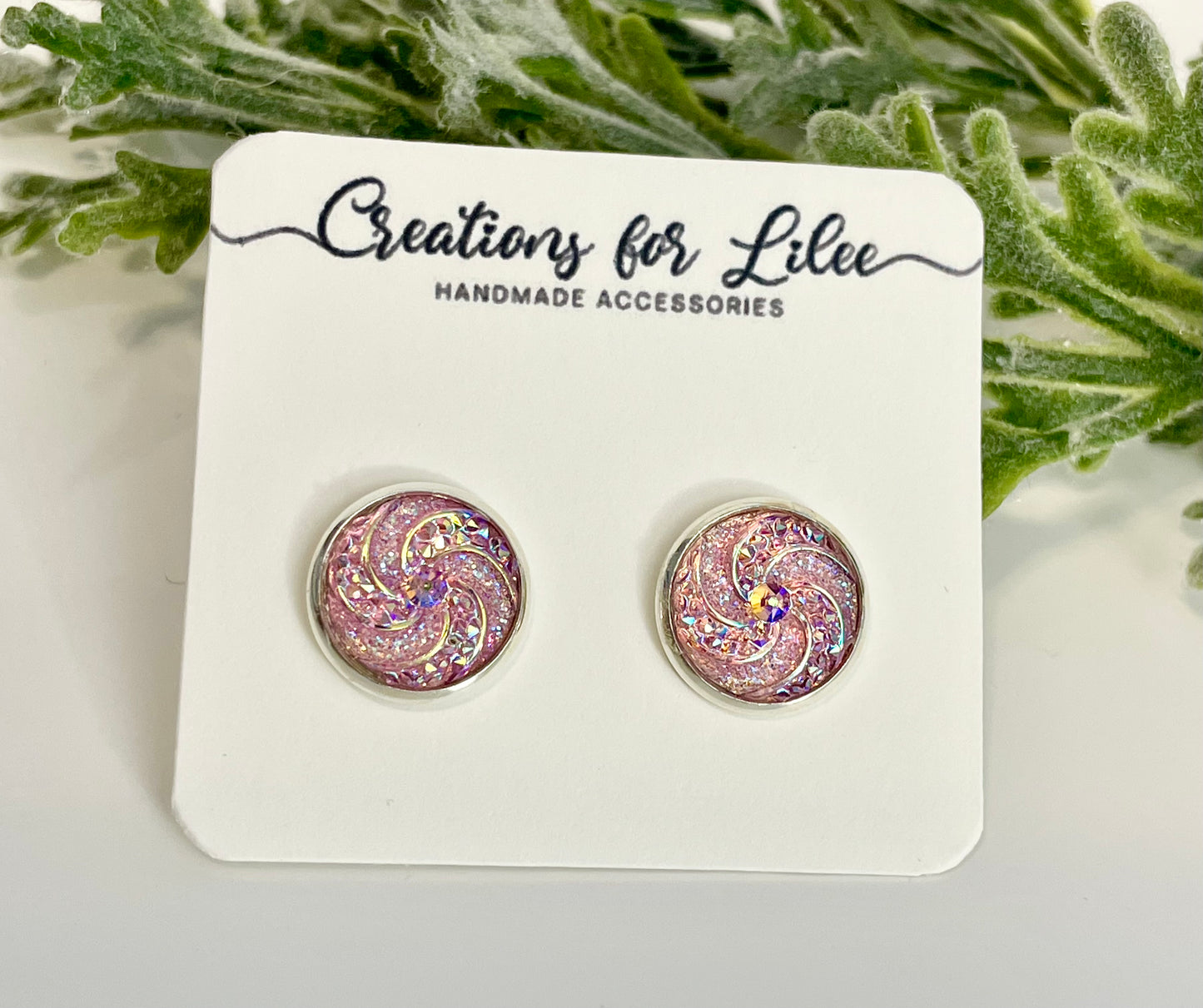 Sparkly Pink Swirl Cabochon Stud Earrings