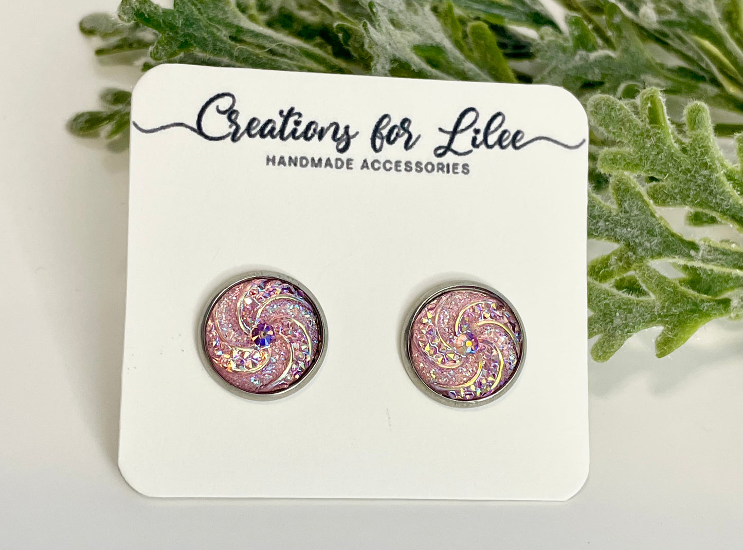 Sparkly Pink Swirl Cabochon Stud Earrings