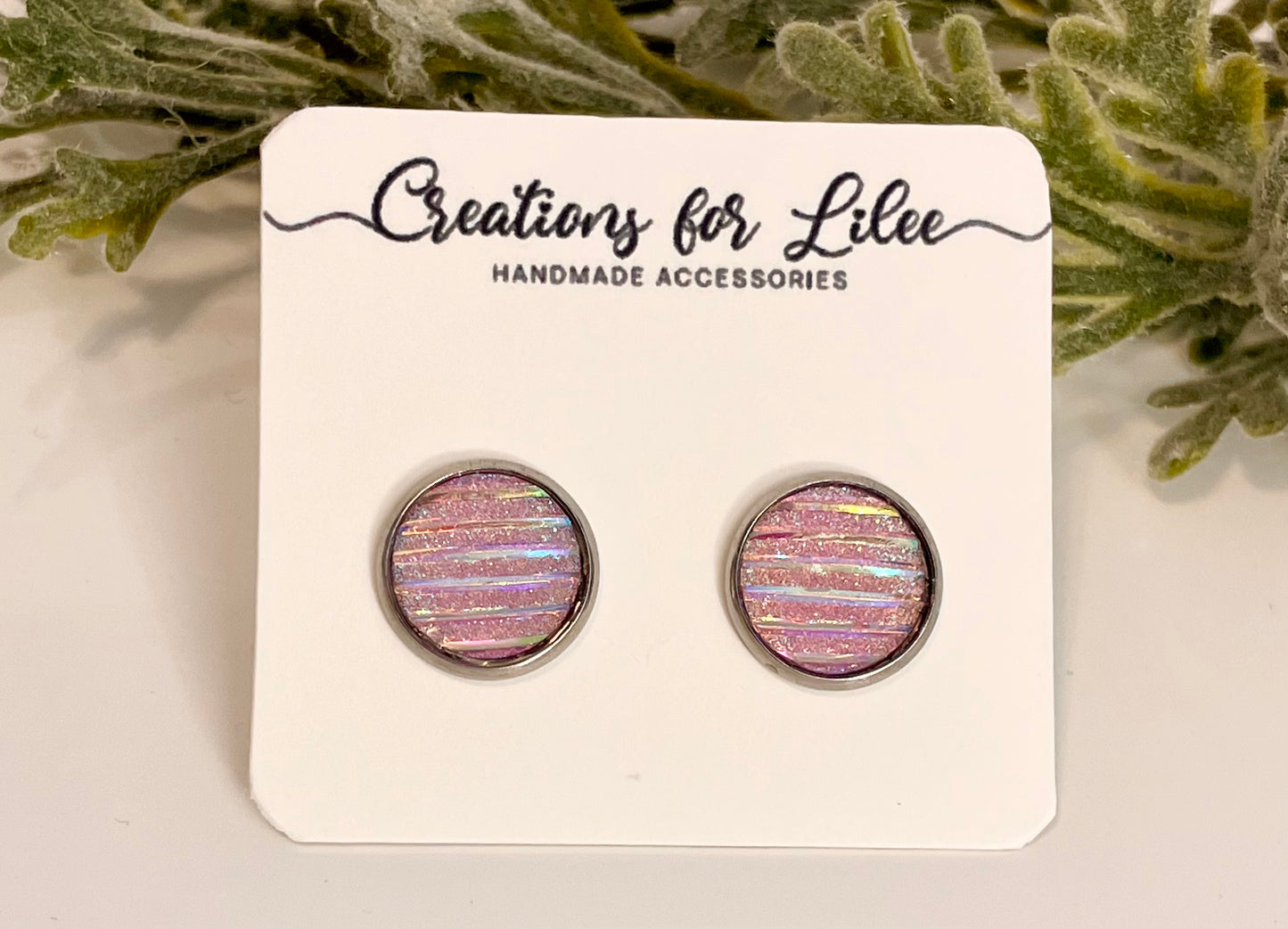 Sparkly Pink Stripe Resin Stud Earrings