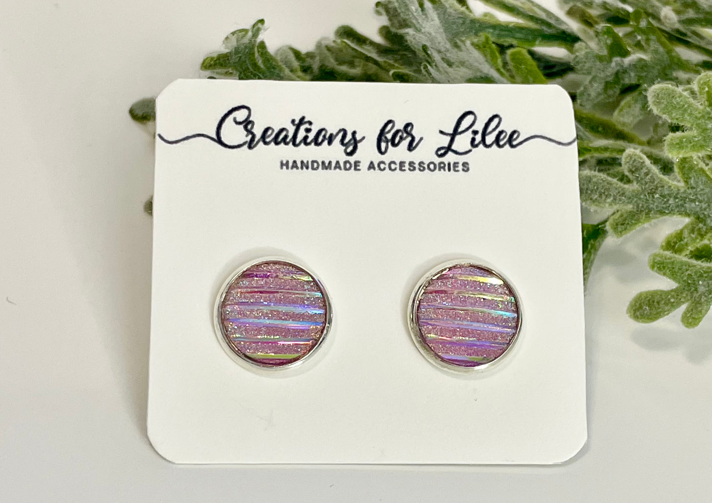 Sparkly Pink Stripe Resin Stud Earrings