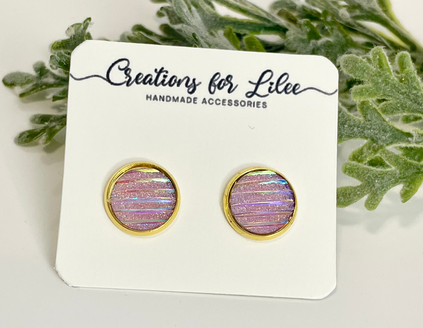 Sparkly Pink Stripe Resin Stud Earrings