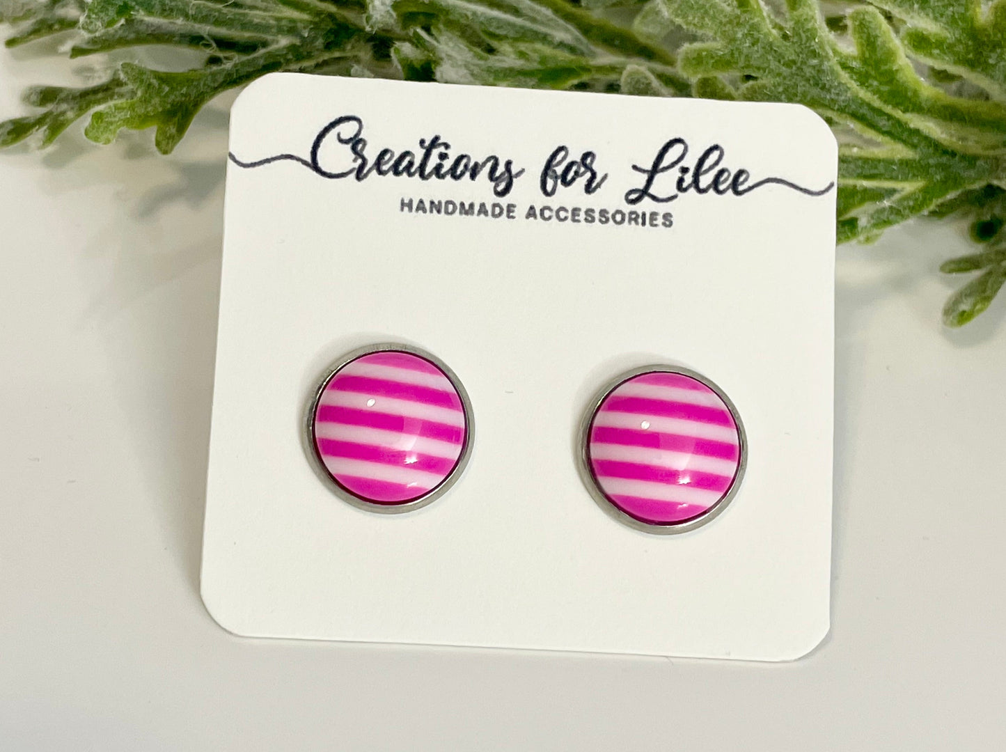 Glass Cabochon Stud Earrings - Pink & White Stripes