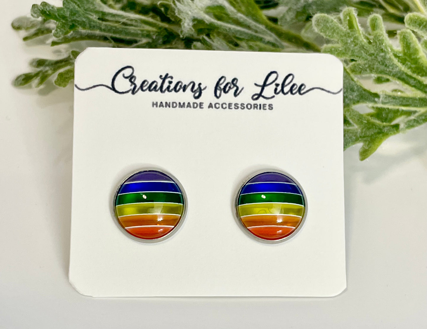 Glass Cabochon Stud Earrings - Rainbow